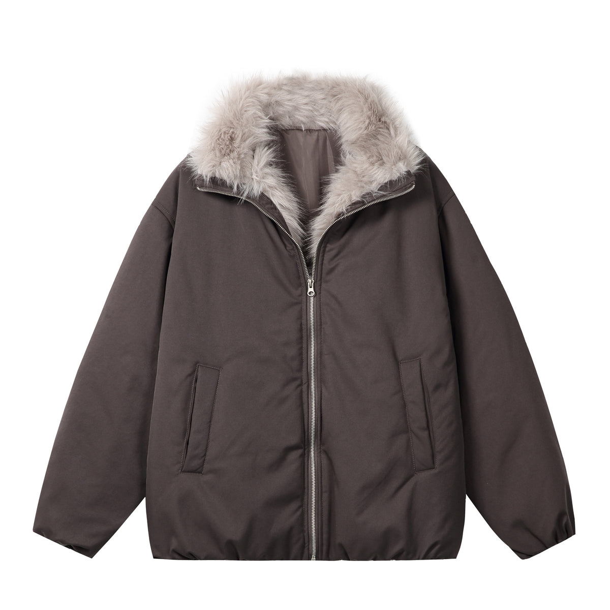 Women's short jacket in boxy cut with voluminous faux fur collar and two-way zipper EVA-US