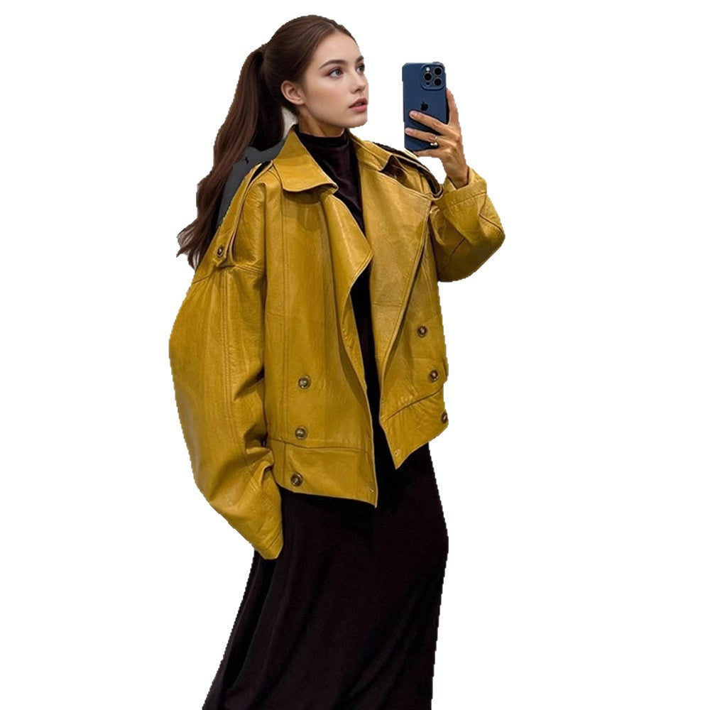 Women Oversize Leather Jacket with voluminous balloon sleeves and short boxy silhouette EVA-US