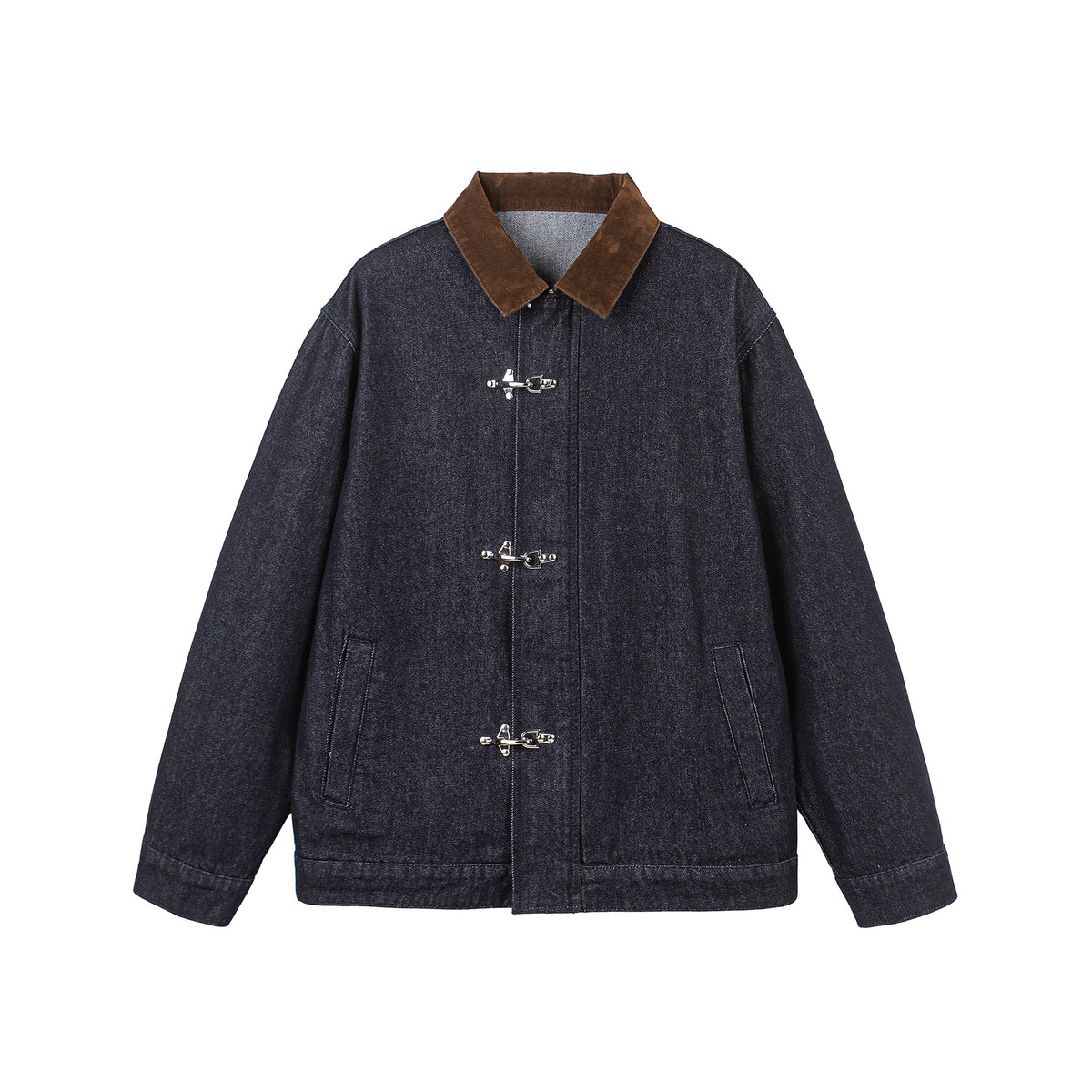 Unisex Boxy Denim Jacket with Velour Collar and Distinctive Carabiner Closures EVA-US