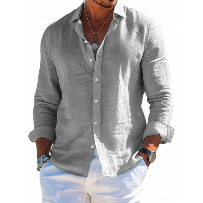 Men's textured linen shirt with open collar, lightweight texture, and casual-tailored fit EVA-US