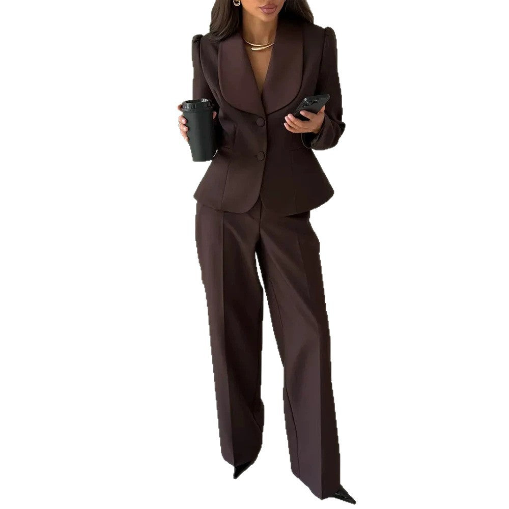 Women Tailored Blazer with Oversized Shawl Collar and High-Waisted Wide Leg Pants EVA-US