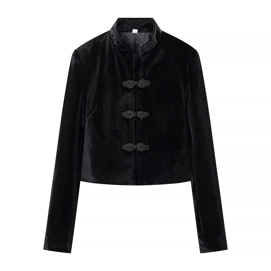 Women's Cropped Jacket in Mandarin Style with Stand Collar and Decorative Knot Closures EVA-US