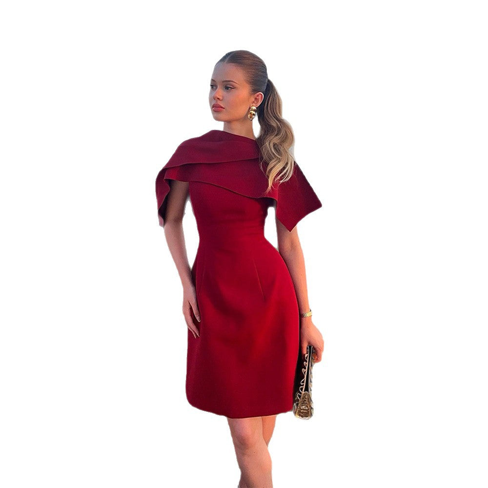 Ladies Elegant Cape Dress with Fitted A-Line and Stand Collar EVA-US
