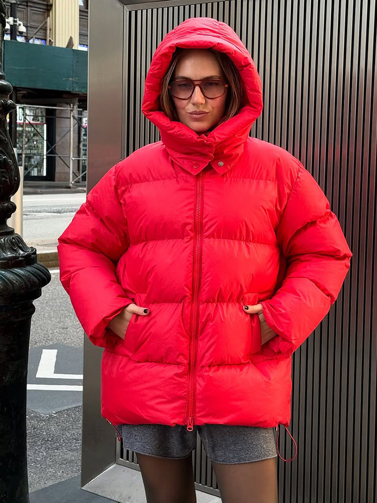 Women's Oversize Quilted Puffer Jacket with Removable Hood and Two-Way Zipper EVA-US