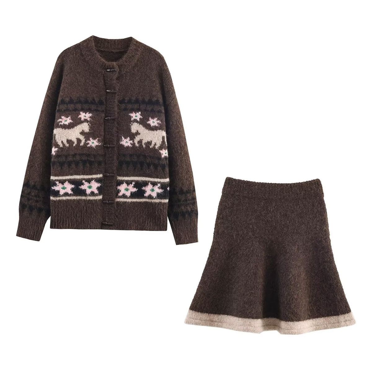 Women's Two-Piece Knit Set with Norwegian Pattern Cardigan and Flared Skirt EVA-US