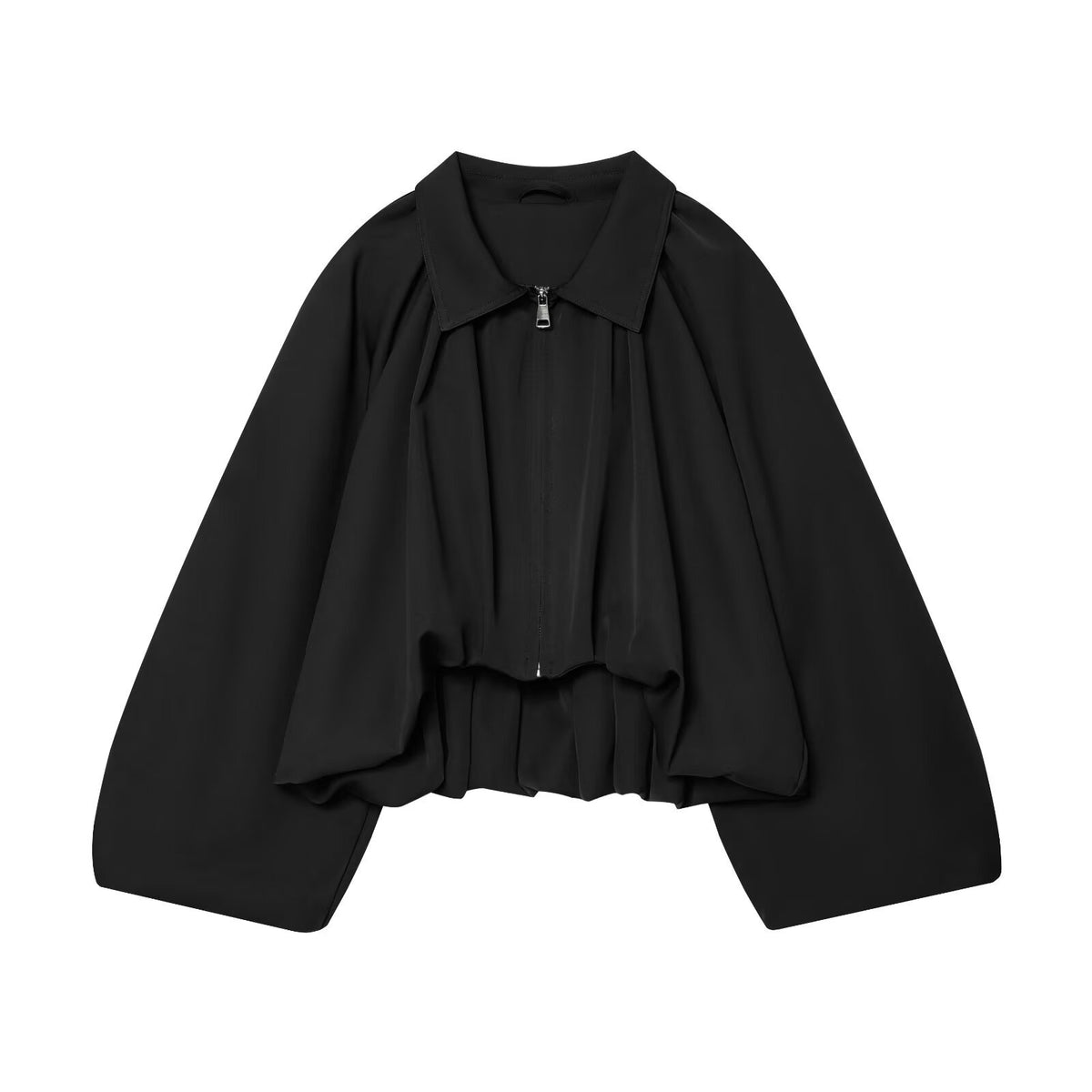 Women's short cut blouson jacket with wide balloon sleeves, zipper, and elastic hem EVA-US