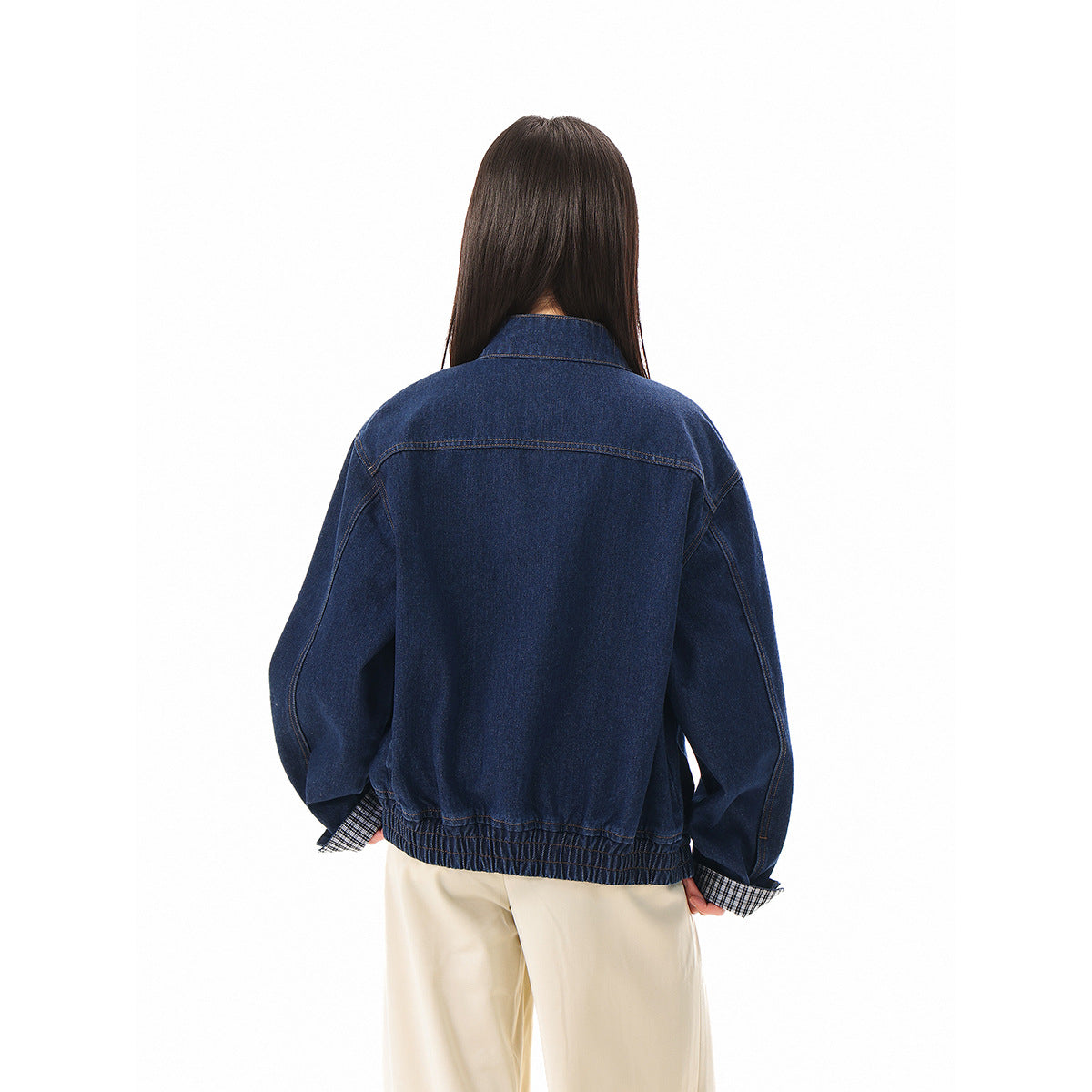 Unisex Boxy Denim Jacket with Check Lining, Stand-Up Collar and Flap Pockets EVA-US