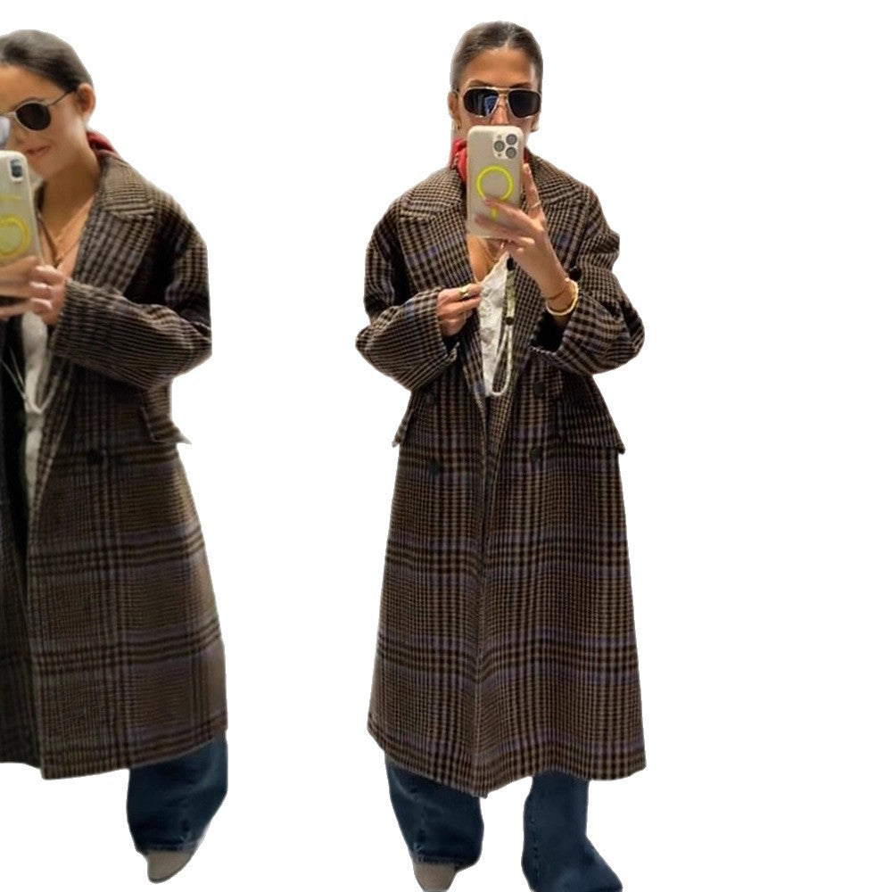 Women's Maxi Long Oversized Double-Breasted Coat with Enhanced Shoulder and Flap Pockets EVA-US