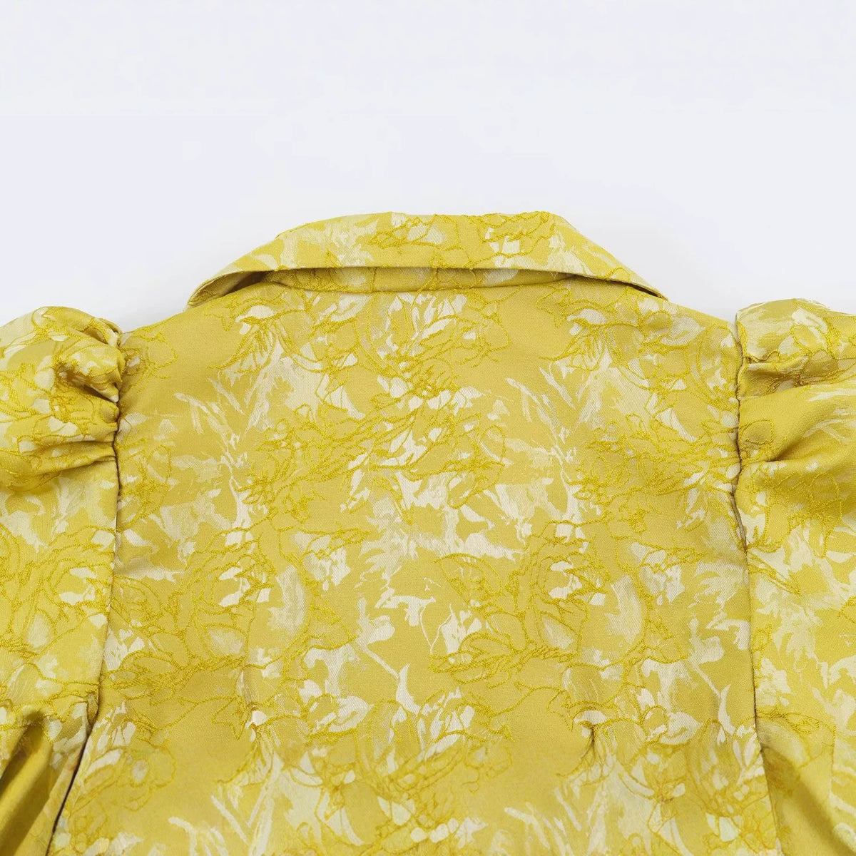 Women's midi dress made of jacquard with puff sleeves, lapel collar, and fitted A-line cut EVA-US