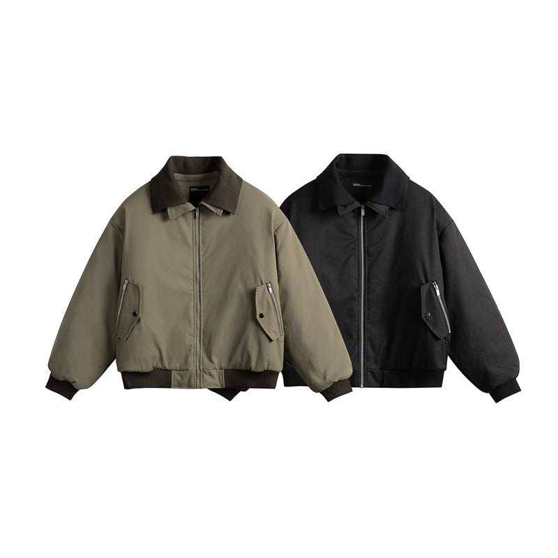 Men's Short Boxy Insulated Field Bomber Jacket with Contrasting Knit Collar and Diagonal Zip Pockets EVA-US