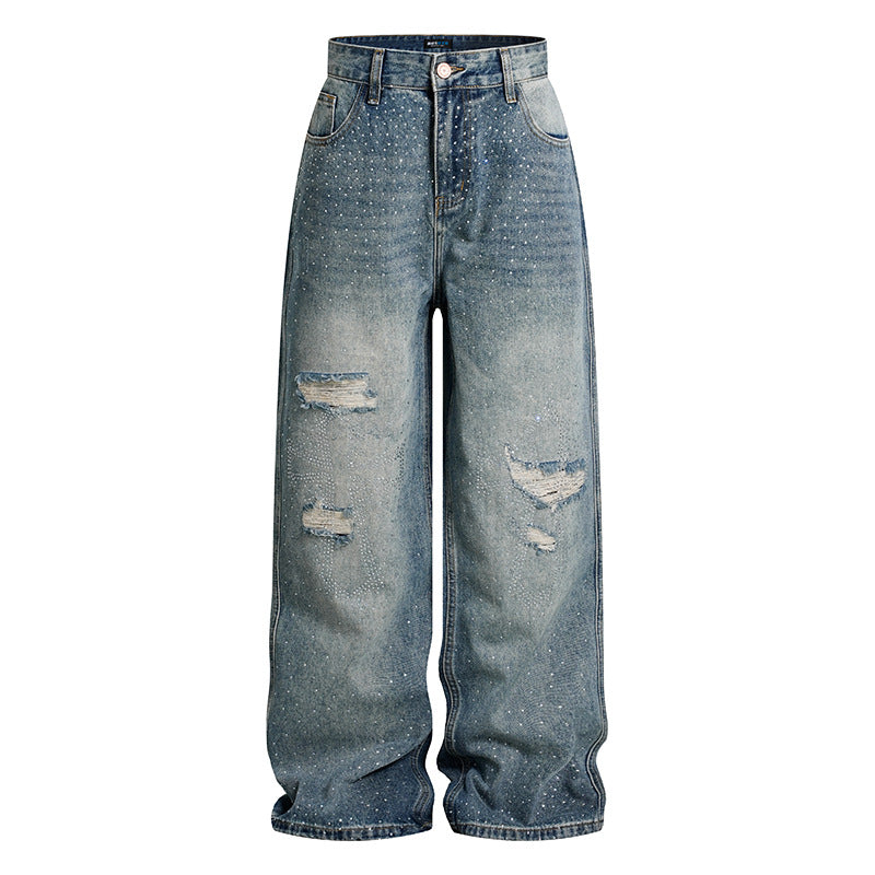 Ladies Wide High-Waist Denim Palazzo Jeans with Destroyed Details and Rhinestone Embellishment EVA-US