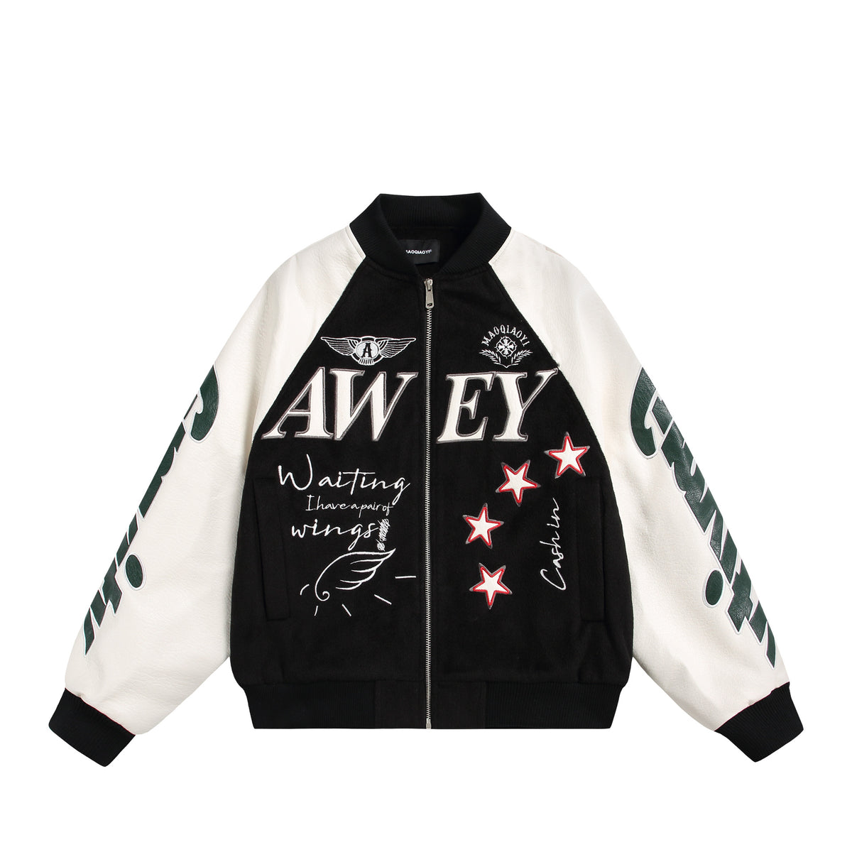 Unisex varsity bomber jacket in material mix with embroidery and application details EVA-US