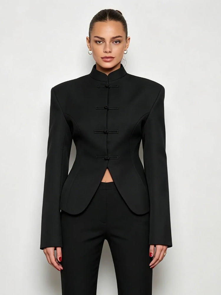 Women's Sculpted Blazer with Stand Collar, Decorative Knot Closures and Tailored Silhouette EVA-US