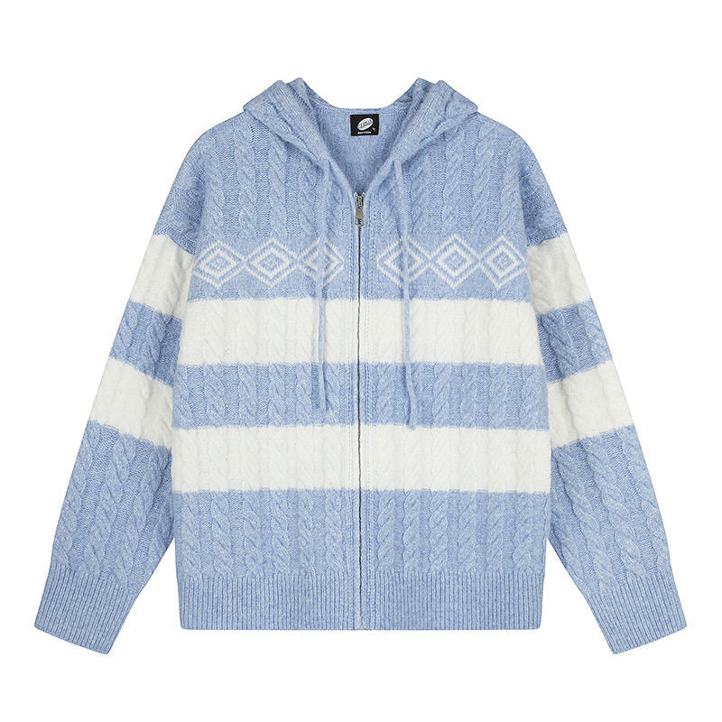 Women's chunky knit hooded cardigan with cable knit, block stripes, and full-length zipper EVA-US