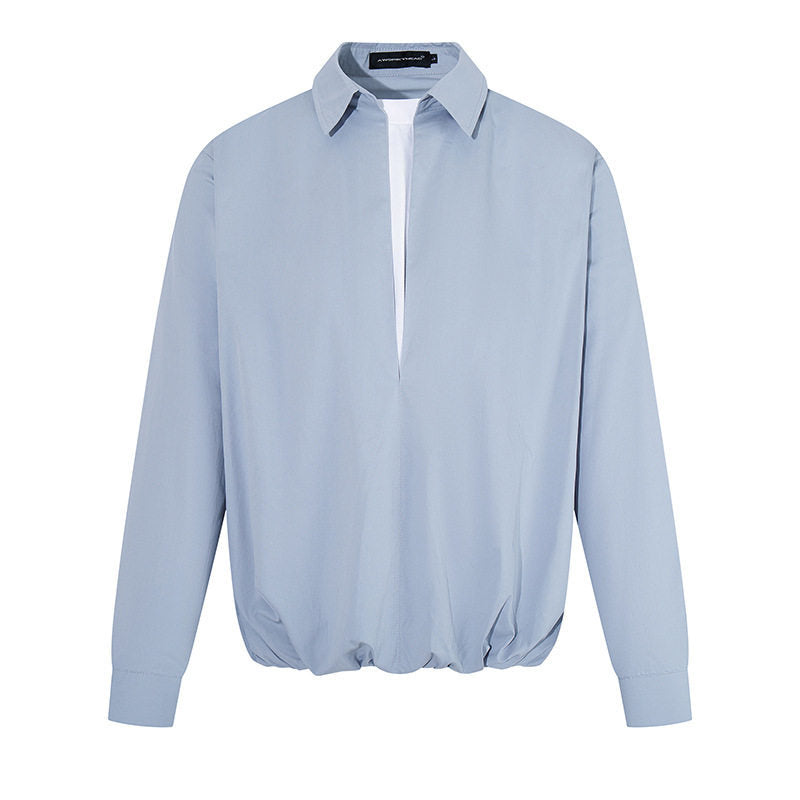 Women Elegant Blouse with concealed V-slit front, shirt collar and elastic hem