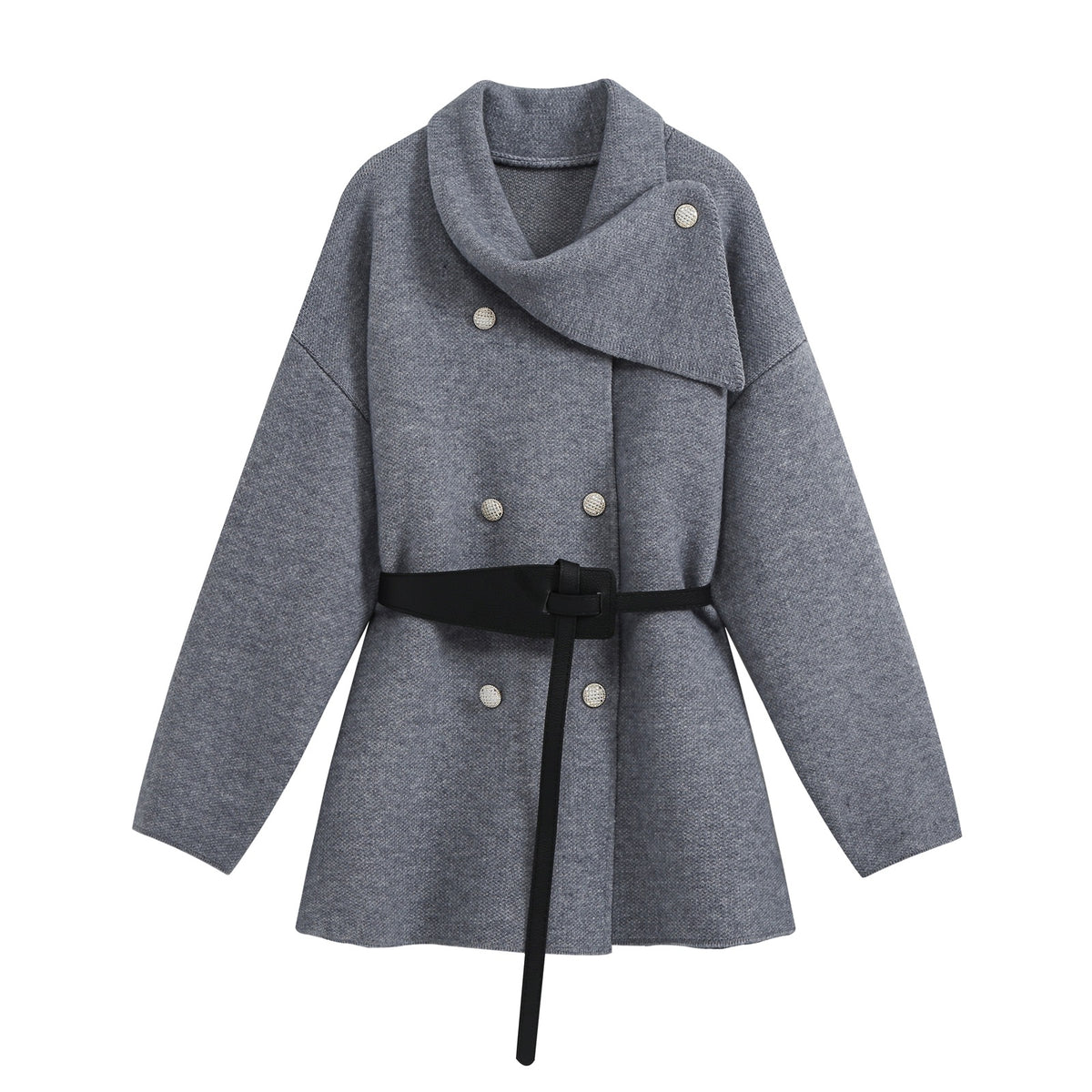 Women's Short Blouson Coat in Cocoon Cut with Asymmetrical Shawl Collar and Waist Belt EVA-US