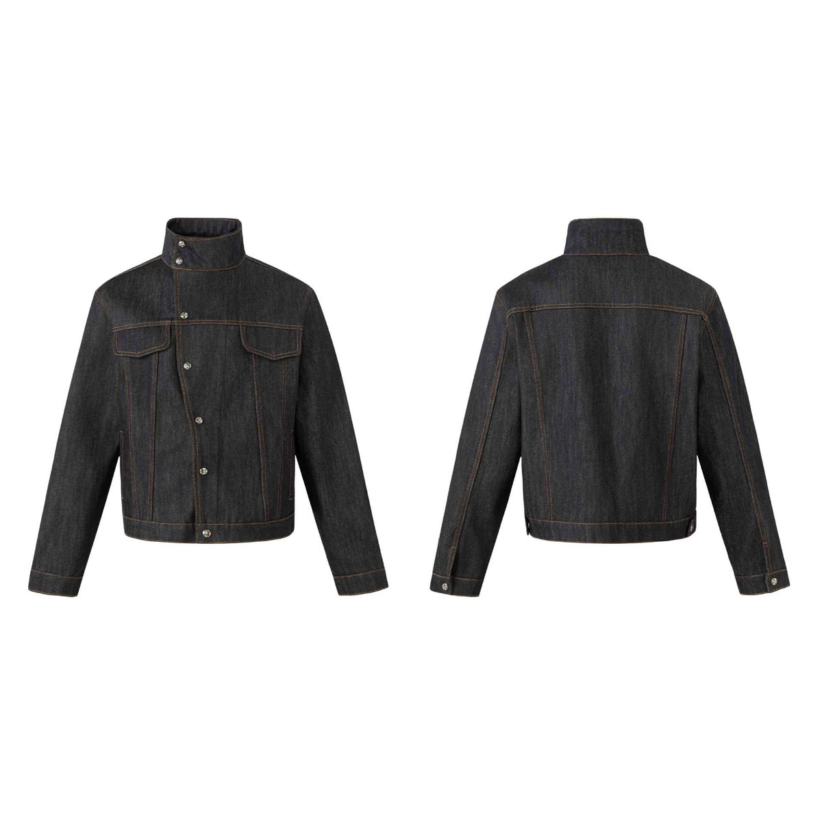 Unisex Short Cut Denim Jacket with High Stand-Up Collar and Decorative Seams EVA-US