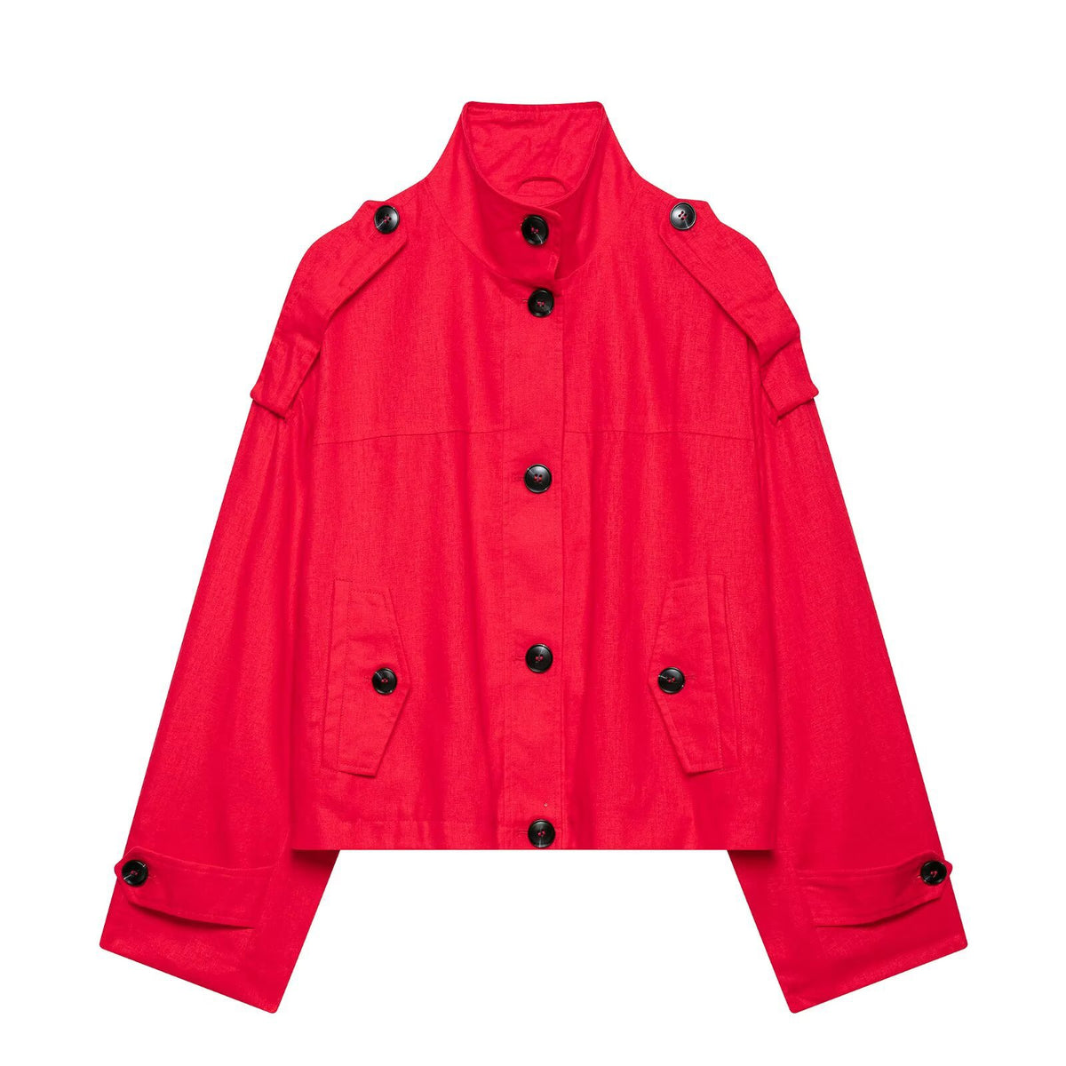 Women's short cape jacket in boxy cropped trench style with stand collar and shoulder patches EVA-US