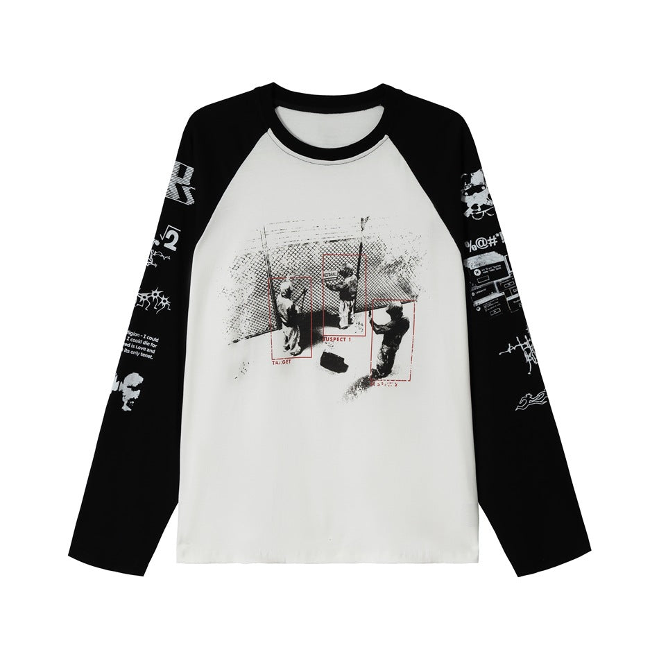 Unisex Raglan-Long Sleeve Shirt with Contrast Sleeves, Crew Neck and Urban Photo Print EVA-US