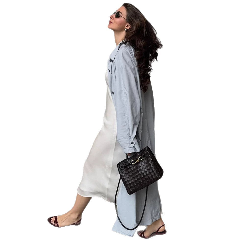 Women's Lightweight Long Trench Coat Made from Technical Material with Concealed Button Placket and Loose Fit EVA-US
