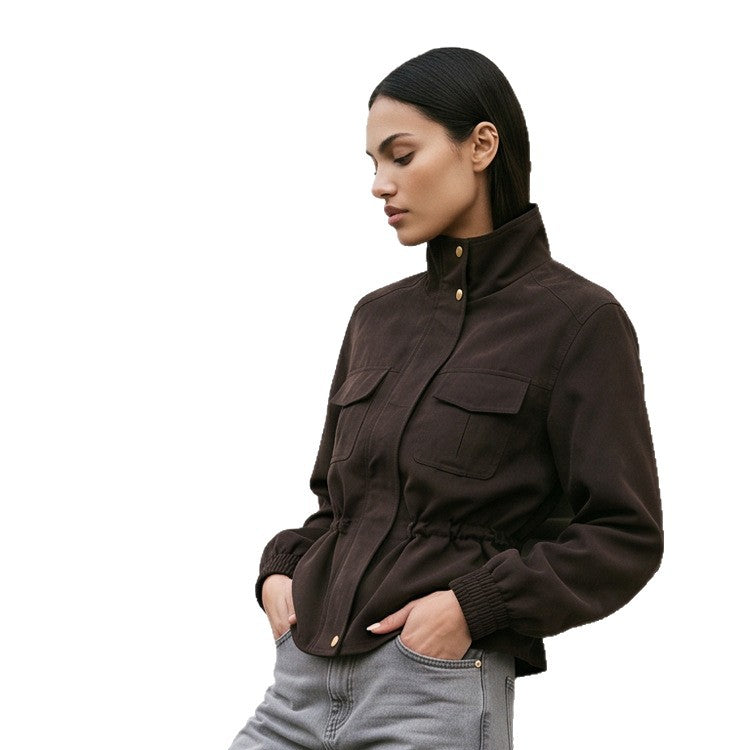 Women’s short jacket in utility style with waist drawstring and stand-up collar EVA-US
