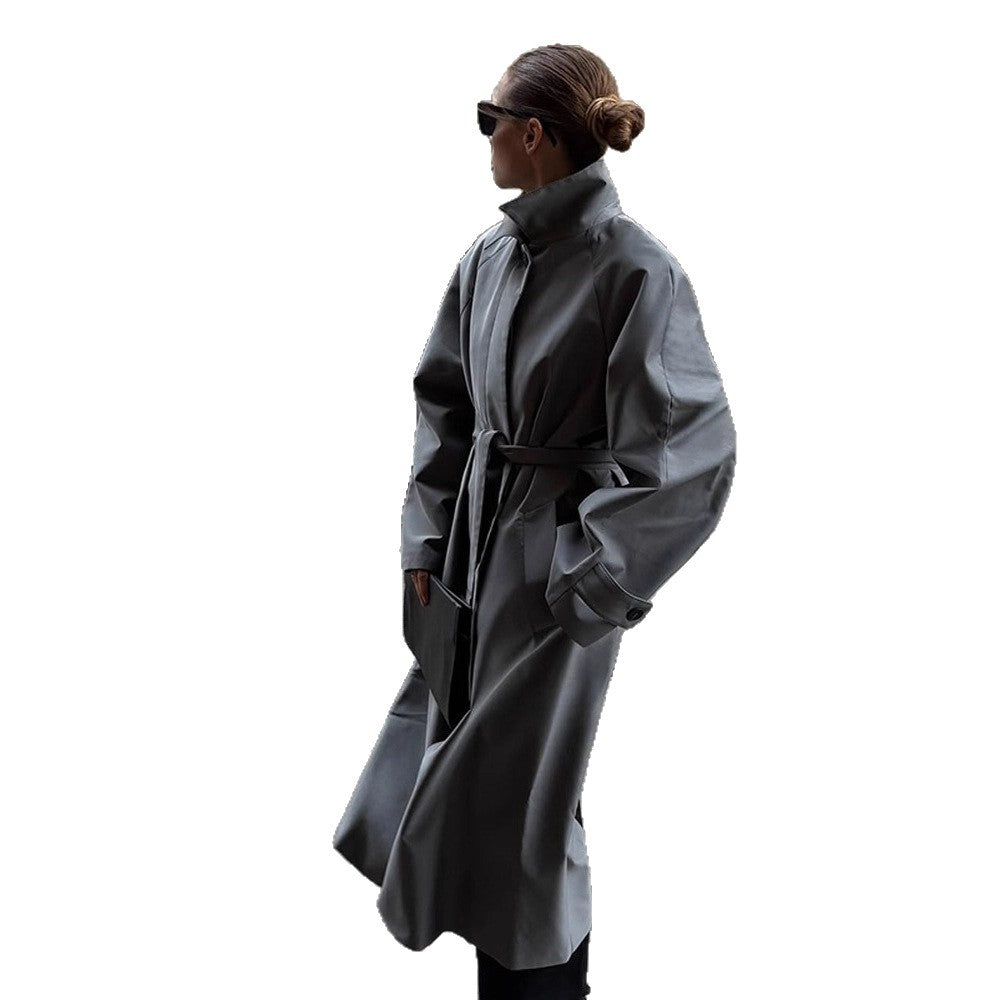 Women Oversized Trench Coat with High Stand Collar, Tie Belt and Concealed Button Placket EVA-US