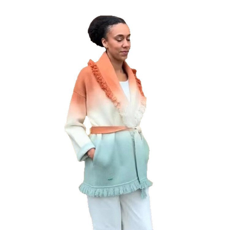 Women's Gradient Knit Cardigan with Fringes and Shawl Collar EVA-US