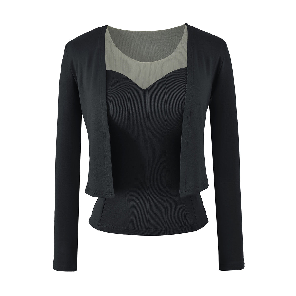 Ladies Two-Piece Fine Knit Top Set with Mesh Insert and Open Cardigan EVA-US