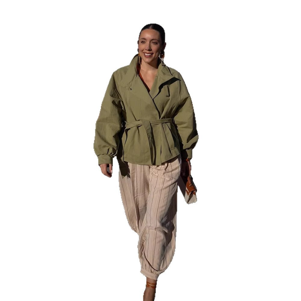 Women's Tailored Short Parka with Stand Collar, Balloon Sleeves, and Tied Belt EVA-US