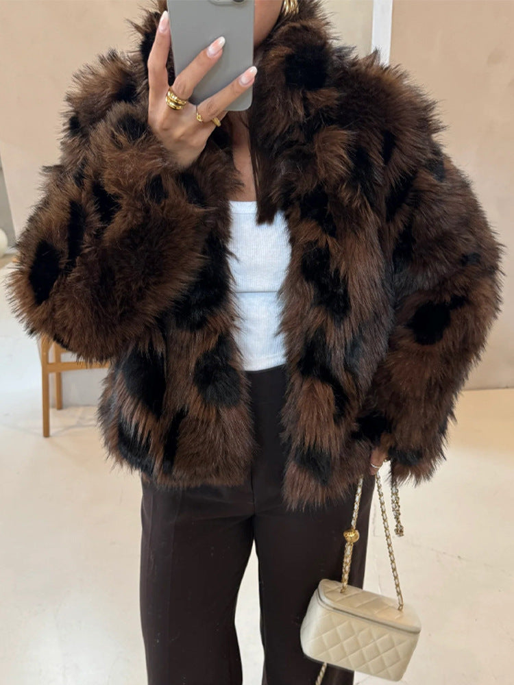 Women's Boxy Short Jacket made of Woven Fur with Natural Fur Look and Wide Shawl Collar EVA-US