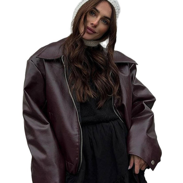 Women Short Oversized Faux Leather Flight Jacket with Distinctive Lapel and Snap Button Cuffs EVA-US