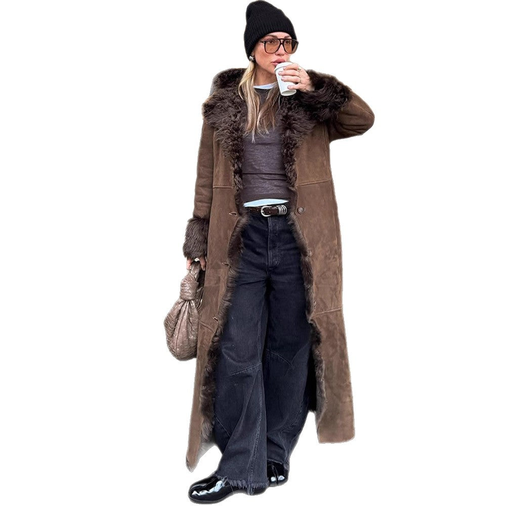 Women's Maxi Long Faux Velvet Coat in Shearling Style with Shawl Collar and Button Placket EVA-US