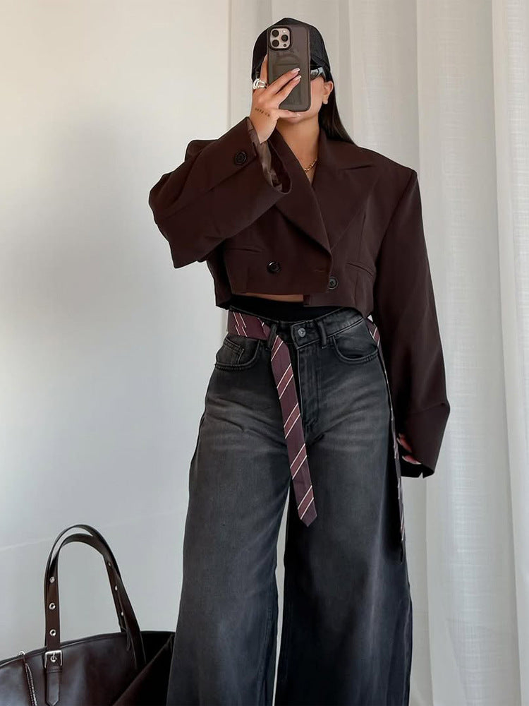 Women Cropped Boxy Short Blazer with Boxy Silhouette and Extra Long Sleeves EVA-US