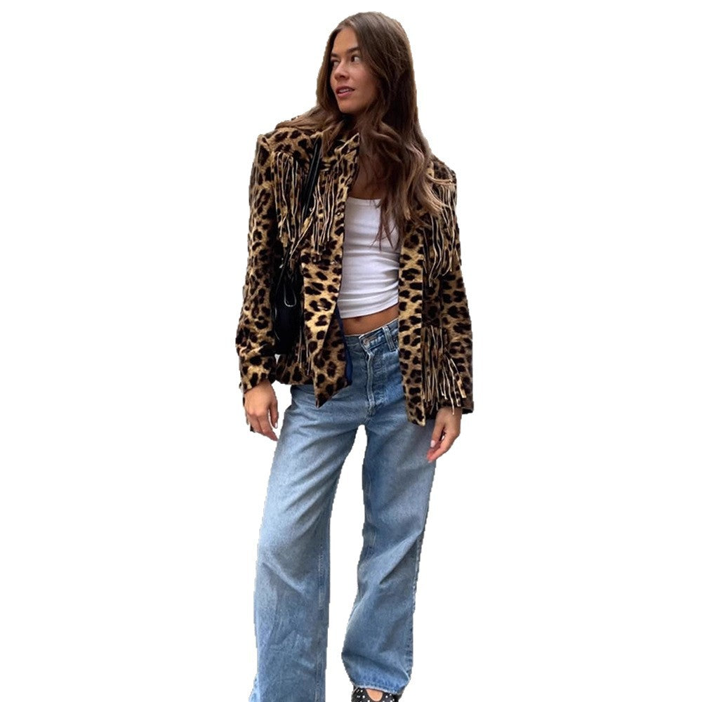 Women Short Faux Fur Blouson with Leopard Print and Fringe EVA-US
