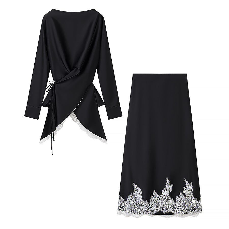 Women's Two-Piece Satin Set with Wrap Blouse and Midi Skirt with Lace Trim EVA-US