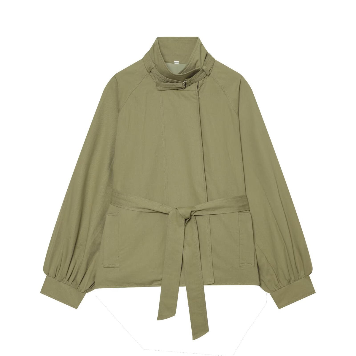 Women's Short Cape Trench Coat with Waist Belt and Funnel Collar EVA-US