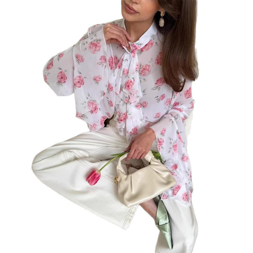 Women Chiffon Blouse with Rose Print, Ruffle Tiers and Bell Sleeves EVA-US
