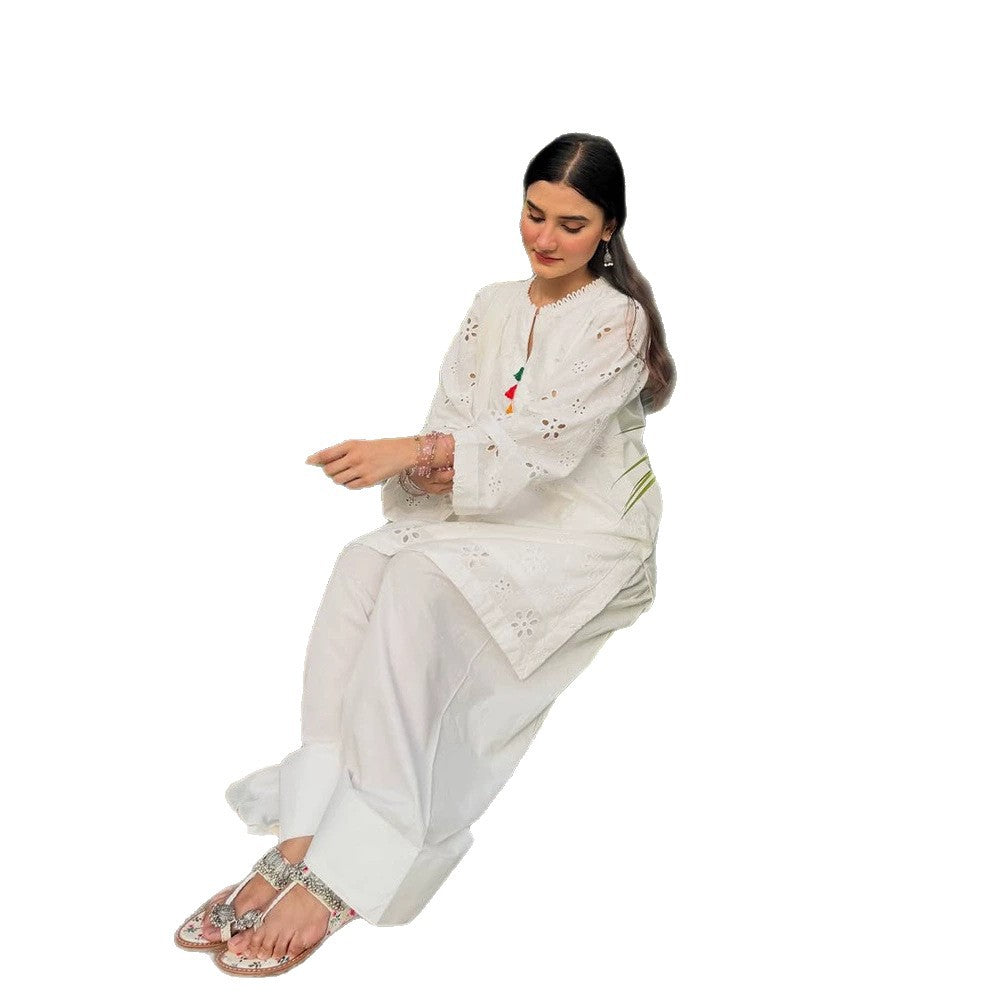 Women Loose Tunic Set with Broderie Anglaise and Wide Harem Pants EVA-US