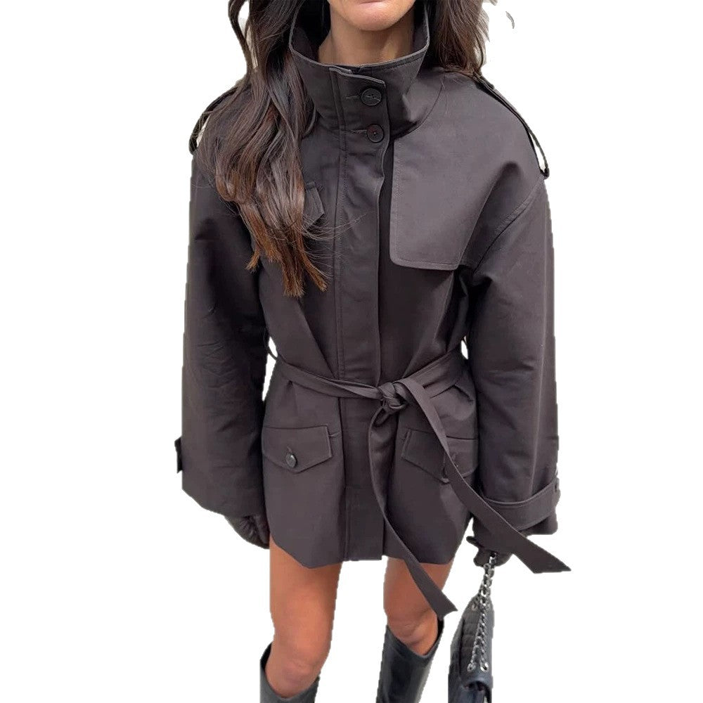 Women's Short Tailored Trench Jacket with Stand-Up Collar, Flap Pockets and Tie Belt EVA-US