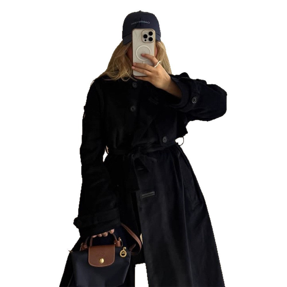 Women's longer cord trench coat with tie belt and oversized shoulders EVA-US
