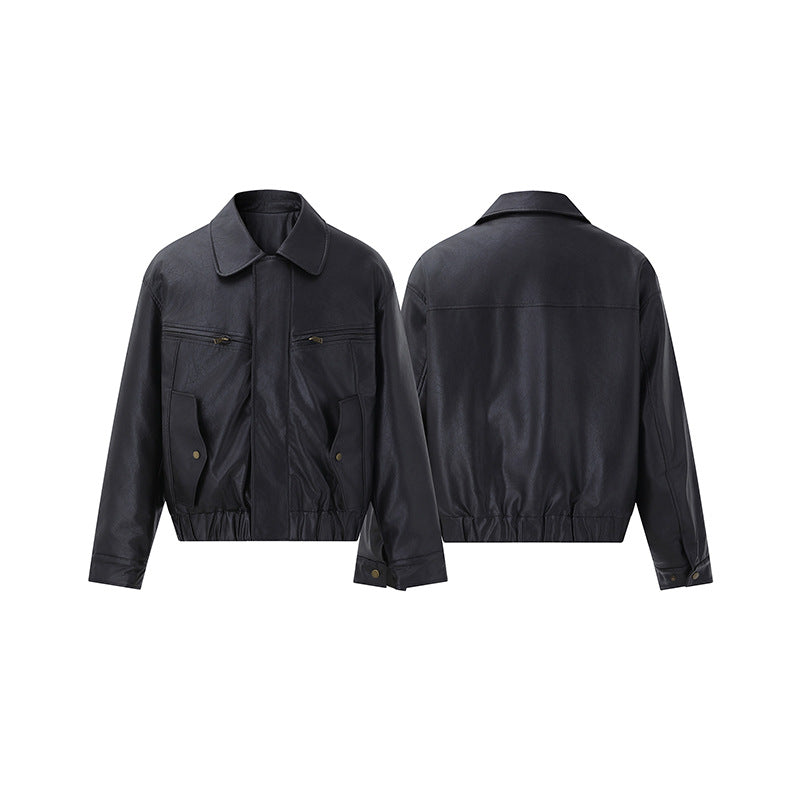 Men's Short Boxy Leather Blouson with Flap Pockets and Elastic Waistband EVA-US