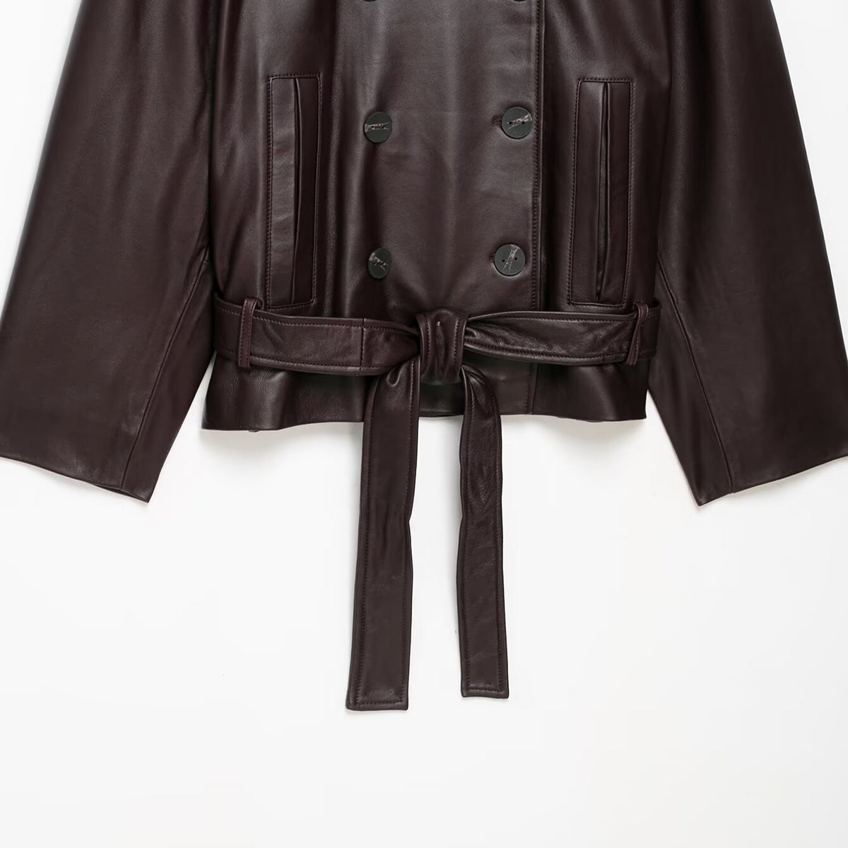 Women Short Leather Trench Coat Jacket with High Standing Collar, Double-Breasted Button Placket and Waist Belt EVA-US