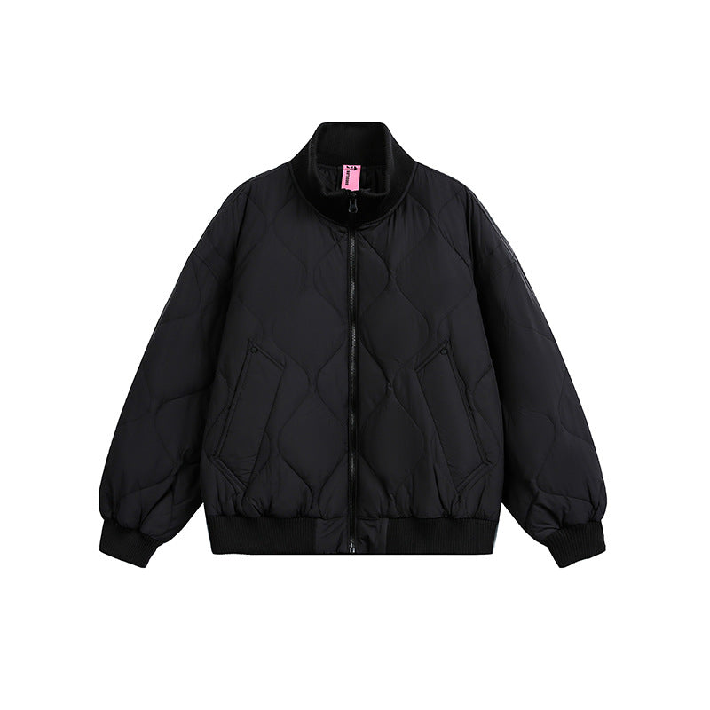 Ladies Quilted Short Blouson Jacket with Stand-Up Collar and Elastic Hem