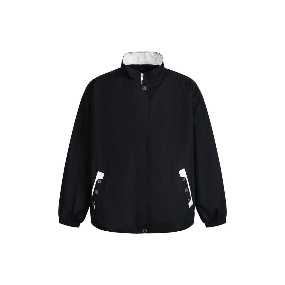 Unisex short-cut lightweight windbreaker jacket with standing collar, concealed zipper, and contrasting patch pockets EVA-US