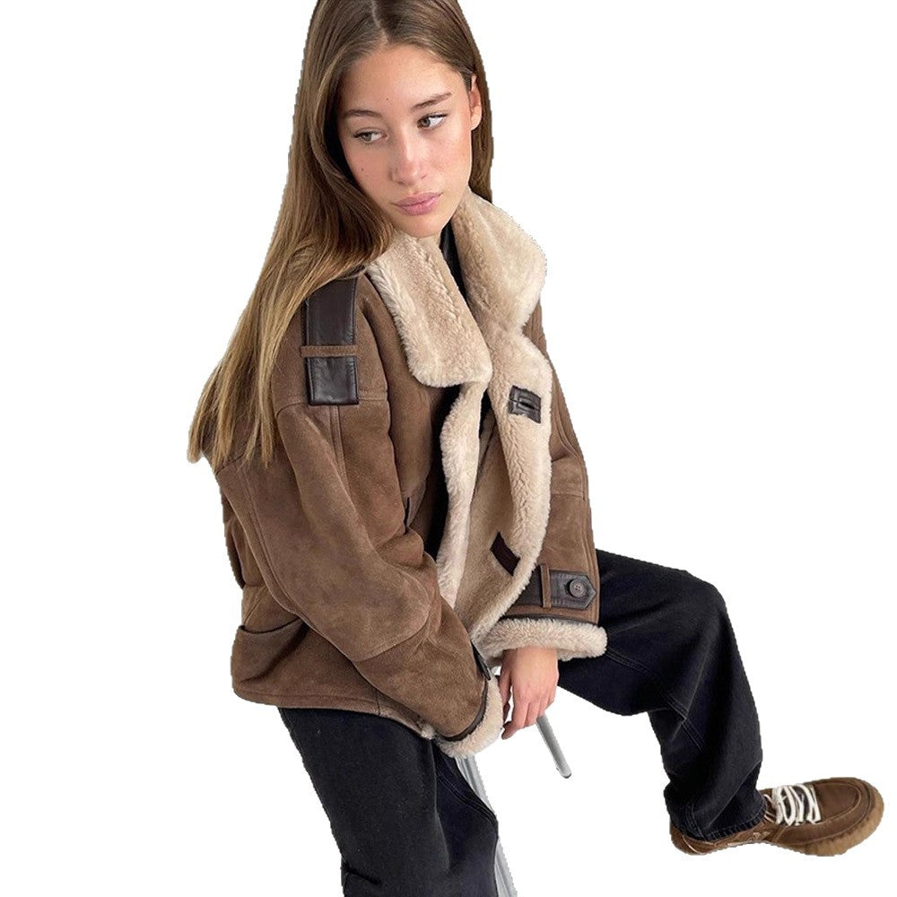 Women Oversize Shearling-Faux Pilot Jacket with Contrasting Trimmings & Buckle Details EVA-US