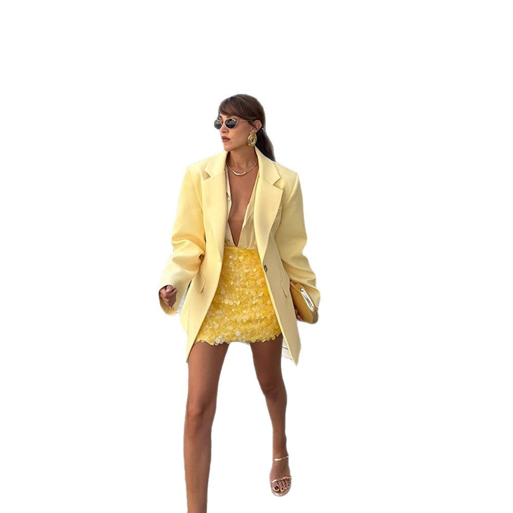 Women's Two-Piece Blazer Set with Oversized Jacket and 3D Flower Mini Skirt EVA-US