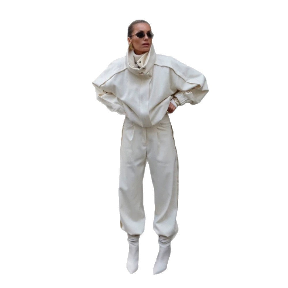 Women's Two-Piece Oversized Jacket and Pleated Pants Set with High Stand Collar EVA-US