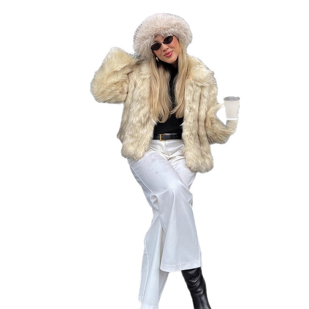 Women's Short Cut Boxy Faux Fur Coat with Long Pile Structure EVA-US