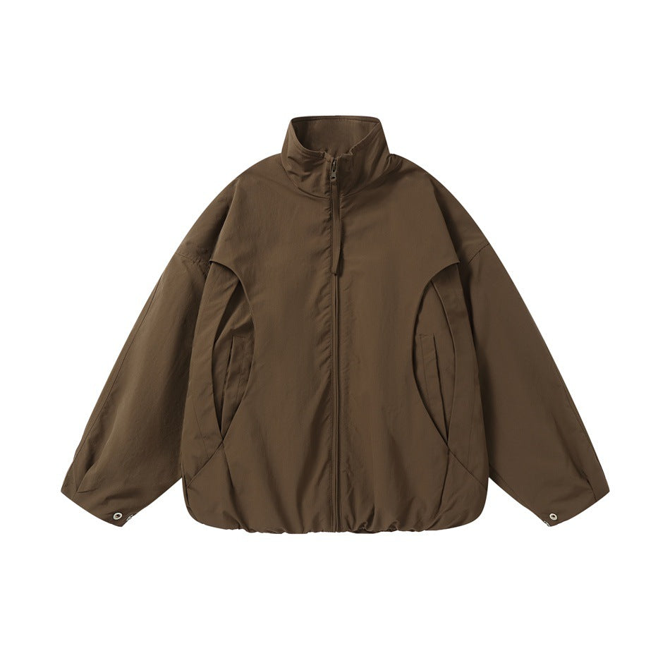 Unisex Short-cut Oversize Boxy Blouson with High Stand-up Collar, Curved Pocket Design and Elastic Hem EVA-US