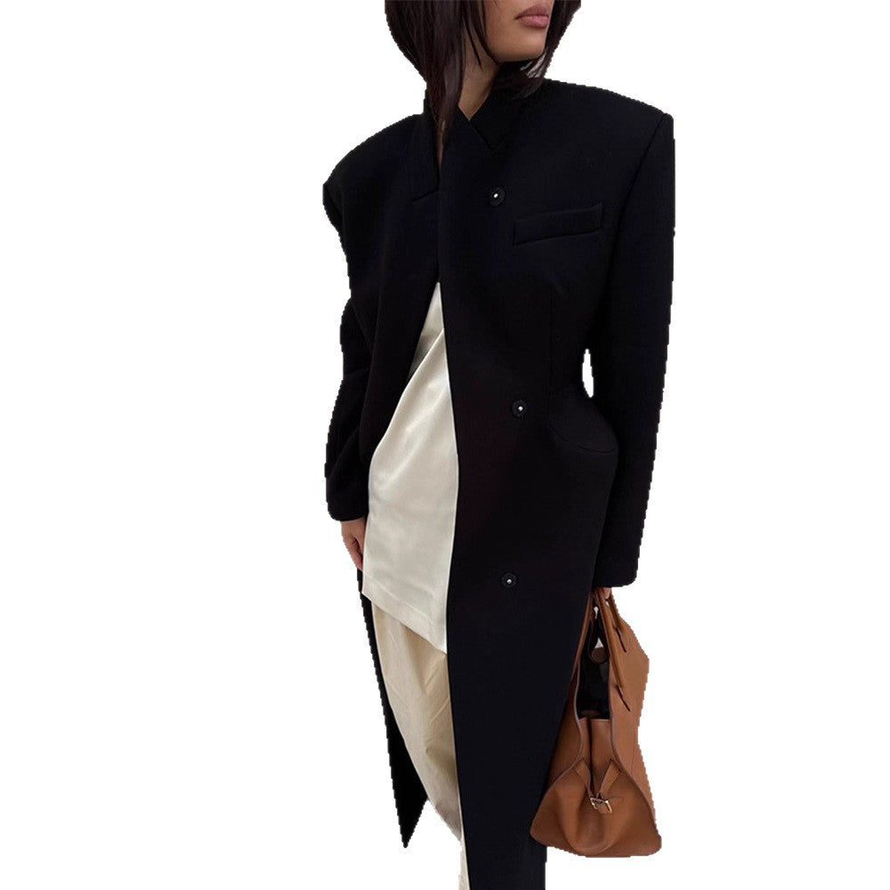 Women Sculptural Midi Coat with distinctive shoulder area and concealed button placket EVA-US